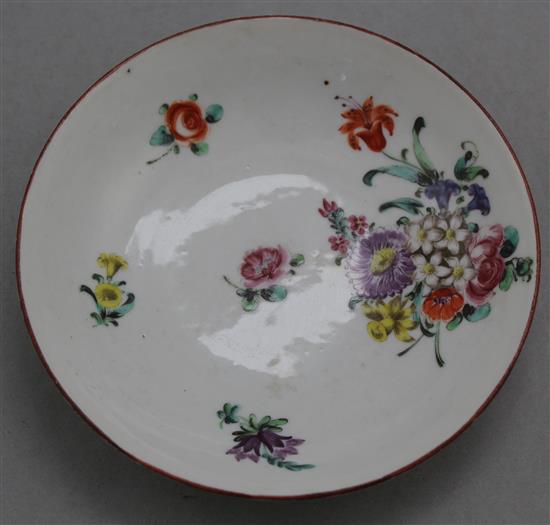 A Champions Bristol porcelain coffee cup and saucer and a similar saucer dish, c.1775, 18.5cm.